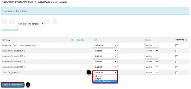 Change the role from the drop-down menu in the list of enrolled participants.